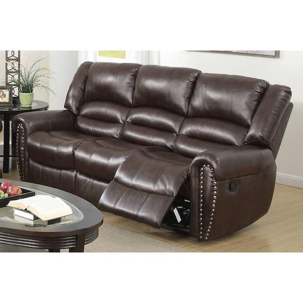 86 in. Round Arm Faux Leather 3-Seater Straight Sofa with Reclining in Brown