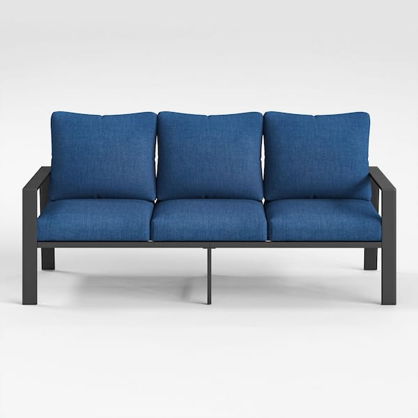 3-Person Gray Aluminum Outdoor Couch with Navy Blue Cushions And Aluminum Coffee Table