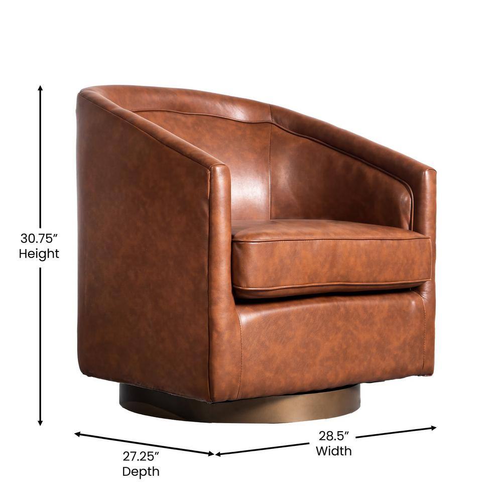 Brown Faux Leather Swivel Barrel Chair with Wood Base