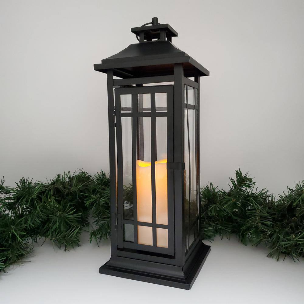 17" Black Metal Lantern with Amber LED Candle