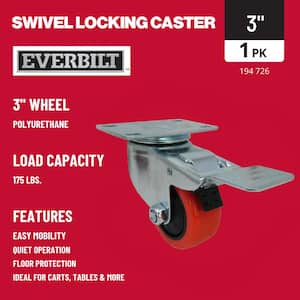 3 in. Red Polyurethane and Steel Swivel Plate Caster with Locking Brake and 175 lb. Load Rating