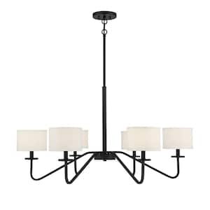 42 in. W x 18 in. H 6-Light Matte Black Chandelier with White Fabric Shades