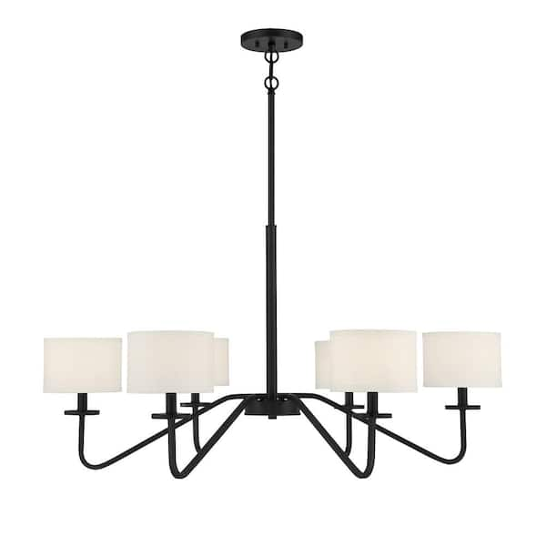 42 in. W x 18 in. H 6-Light Matte Black Chandelier with White Fabric Shades