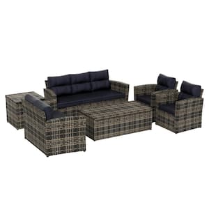 Alpine 6-Piece Rattan Wicker Outdoor Patio Conversation Set with Navy Blue Cushions