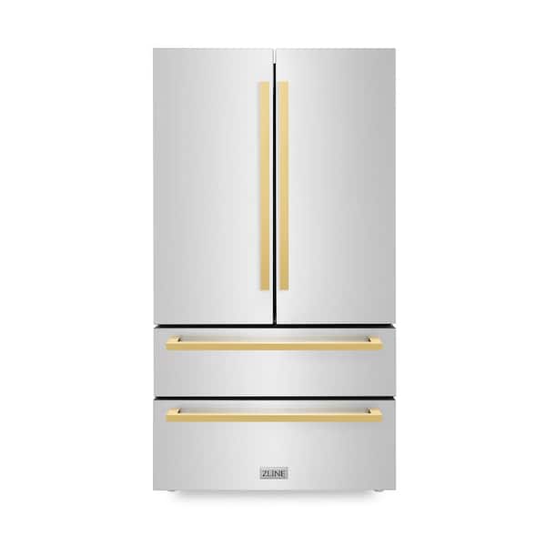 ZLINE Kitchen and Bath Autograph Edition 36 in. 4-Door French Door Refrigerator with Ice Maker in Stainless Steel and Polished Gold Handles