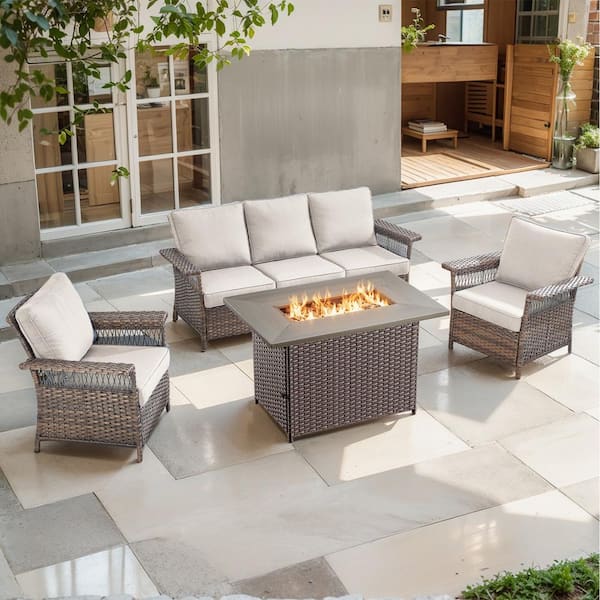 Opohoro Brown 4-Piece Wicker Outdoor Patio Rectangular Fire Pit Conversation Set, Sofa Seating Set with Beige Cushions