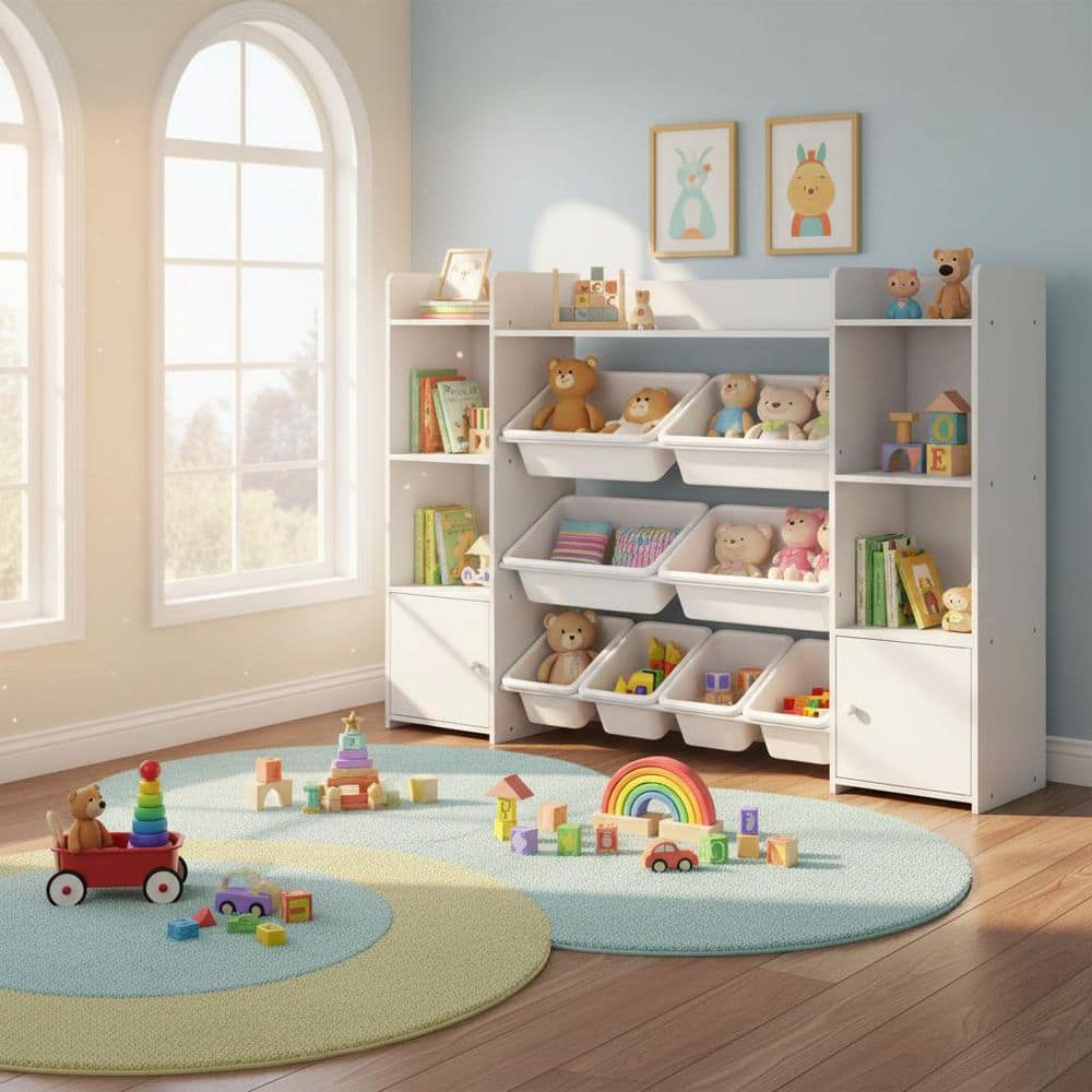Costway 4-Tier White MDF Kids Storage Cabinet with 6 Cubbies & 8