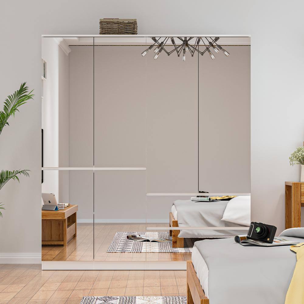 FUFU&GAGA White High Gloss Mirrored Doors 63 in. W Big Wardrobe Combo
