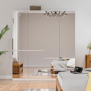White High Gloss Mirrored Doors 63 in. W Big Wardrobe Combo Armoires W/Mirror Doors, Hanging Rods 70.9 in. H