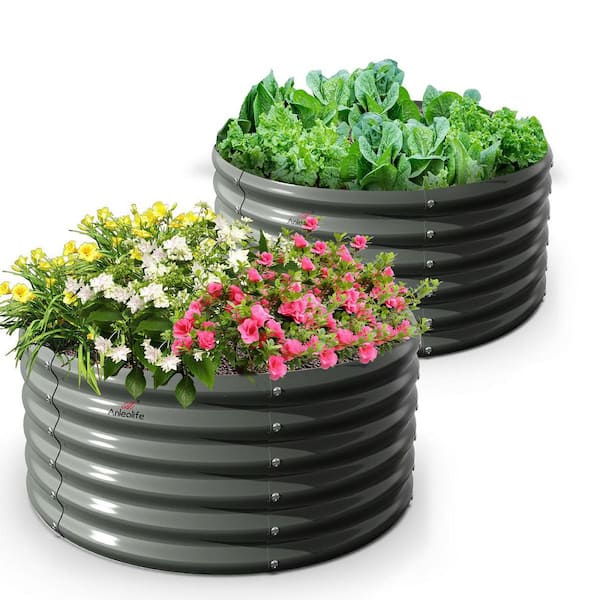 2-Pack Gray Metal Round Raised Garden Bed Planter Box for Planting Vegetables Flowers (48 in. L x 48 in. W x 18 in. H)