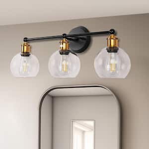 24.41 in. 3-Light Antique Black and Bronze Industrial Bathroom Vanity Light with Globe Glass Shade