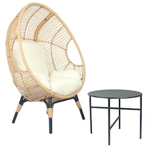 Natural Color Wicker Egg Chair Outdoor Lounge Chair with Side Table and White Cushion