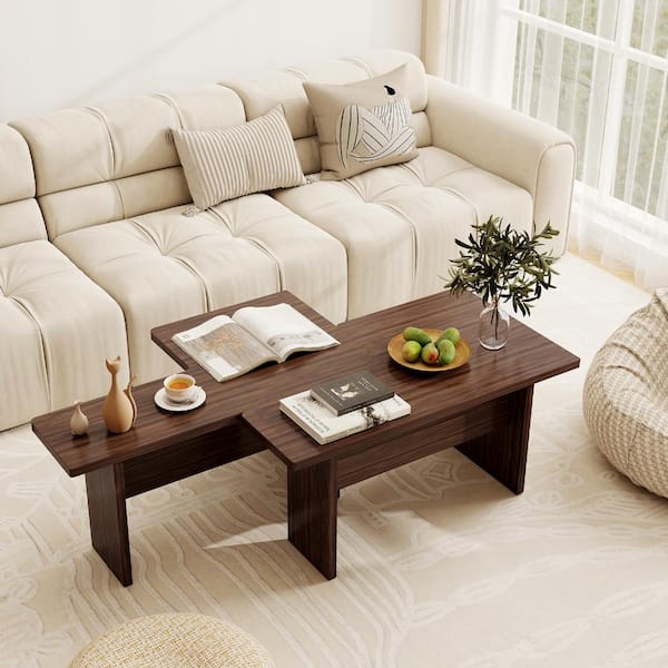 Bunpeony Walnut Modular L-Shaped Coffee Table Set of 2 Nesting