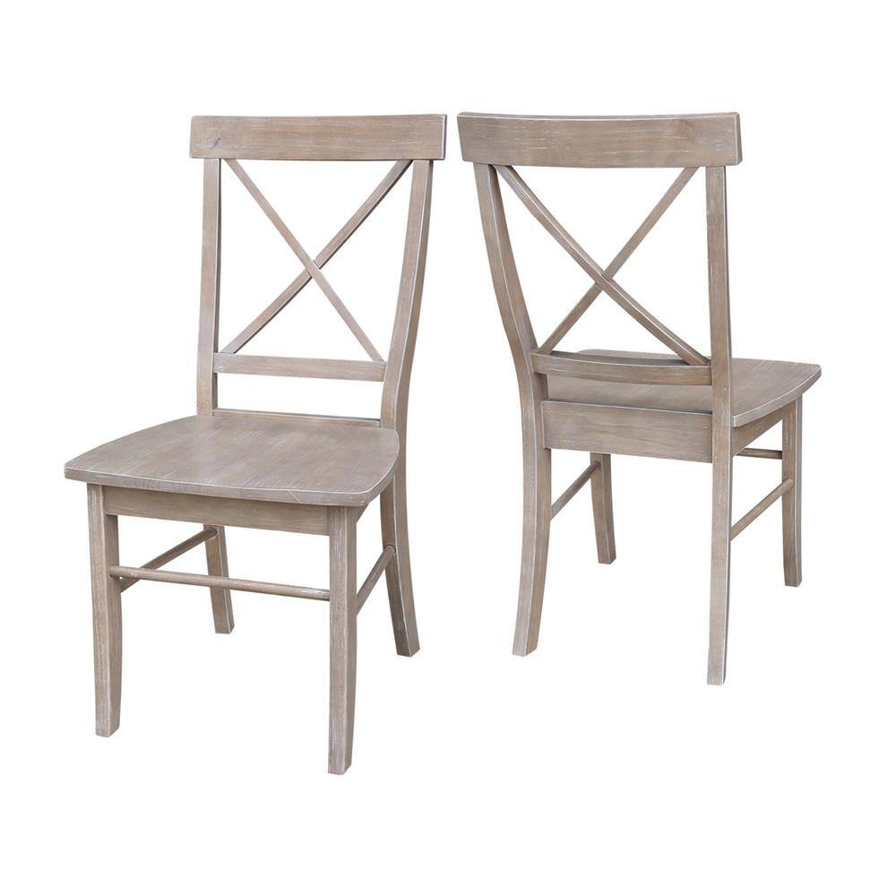 Washed Gray Taupe Solid Wood X-Back Dining Chairs, Set of 2
