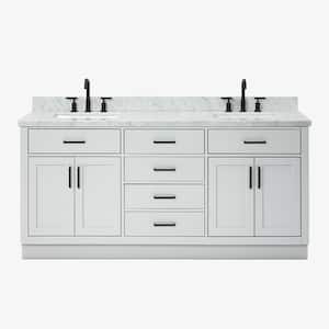 Hepburn 73 in. W x 22 in. D x 36 in. H Bath Vanity in Grey with White Carrara Marble Vanity Top with White Basins