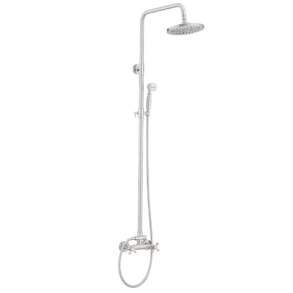 HOMEMYSTIQUE 2-Spray Wall Slid Bar Round Rain Shower Faucet with Hand Shower 2 Cross Handles Mixer Shower System Taps in Nickel