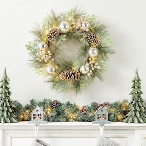 24 in. LED Pre-Lit Greenery Berry Holly Pine Cone Silver Artificial Christmas Wreath