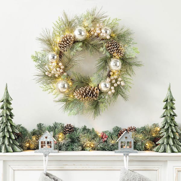 Bon Noel 24 Green Pre-Lit Artificial Christmas Door Wreath With Berries ...