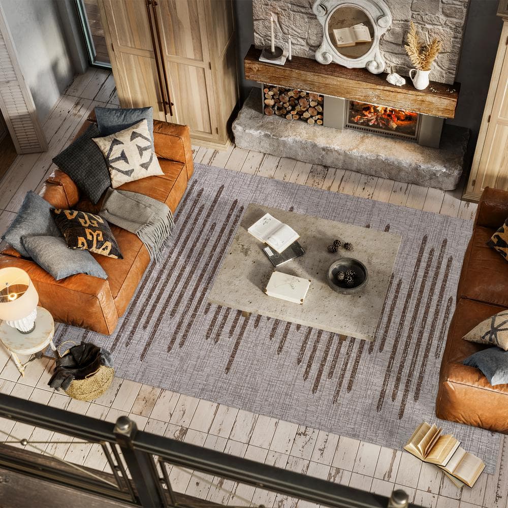 Beige and Brown Stripe Synthetic Indoor/Outdoor Area Rug