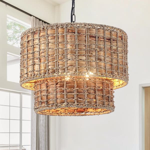 5-Light Black and Brown Vintage Double Rattan Woven Drum Chandelier Ceiling Hanging Light Fixture for Kitchen Island