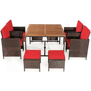 9-Piece Weather-Resistant PE Wicker Steel Outdoor Dining Set with Red Cushions, Space-Saving Design