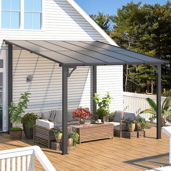 10 ft. x 10 ft. Black Wall Mounted Lean to Metal Gazebo with Sloped Roof
