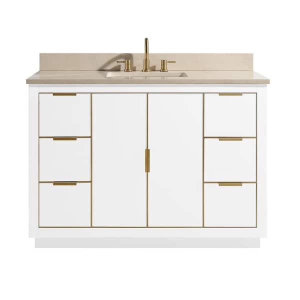Avanity Austen 49 in. W x 22 in. D Bath Vanity in White with Gold Trim with Marble Vanity Top in Crema Marfil with White Basin