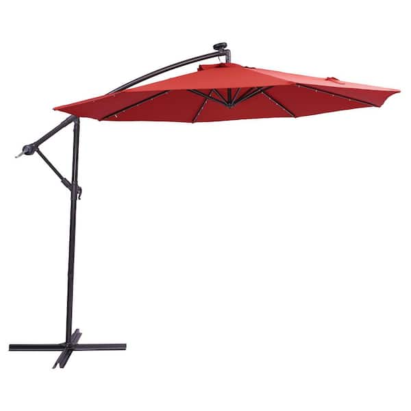 Maincraft 10 ft. Outdoor Cantilever Solar LED Patio Umbrella with 32 LED Lights and Crank Lift in Red