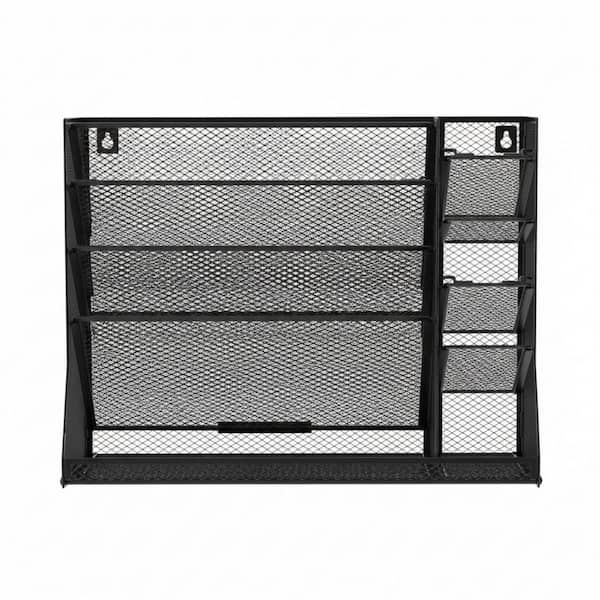 13 in. x 5.7 in. Black Wall File Organizer, Metal Magazine Rack Holder