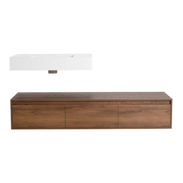 60 in. Single Sink Floating Brown Bath Vanity with White Resin Top (Assembled), Adjustable Sink Height, 3 Drawers