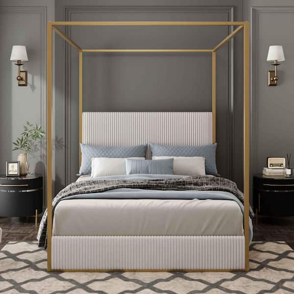 Beige/Gold Wood Frame Queen Canopy Bed with Tall Corduroy Upholstered Headboard and Gold Four Poster