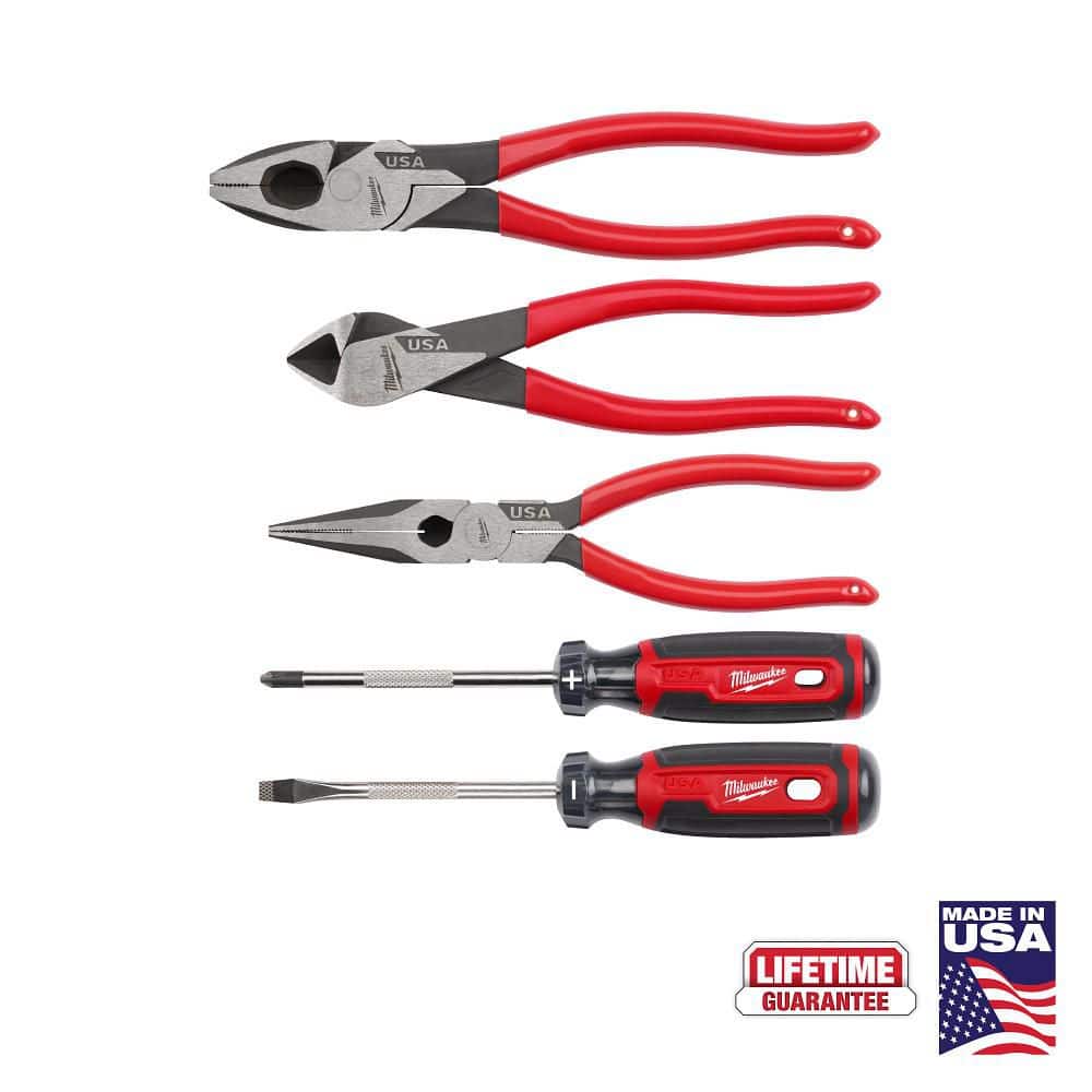 Milwaukee Linesman Plier w/Dipped Grip, 8 in. Long Nose Plier w/Dipped Grip, 7 in. Diagonal Plier w/Dipped Grip, & Screwdriver Set MT500-5 - The Home Depot