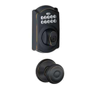 Camelot Keypad Electronic Door Lock Deadbolt and Georgian Knob in Aged Bronze