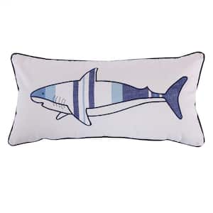 Sammy Shark - Blue Striped Shark Appliqued 12 in. x 24 in. Throw Pillow