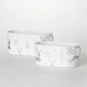 5.5 in. and 6.5 in. Embossed Christmas Planters Set of 2, White and Silver