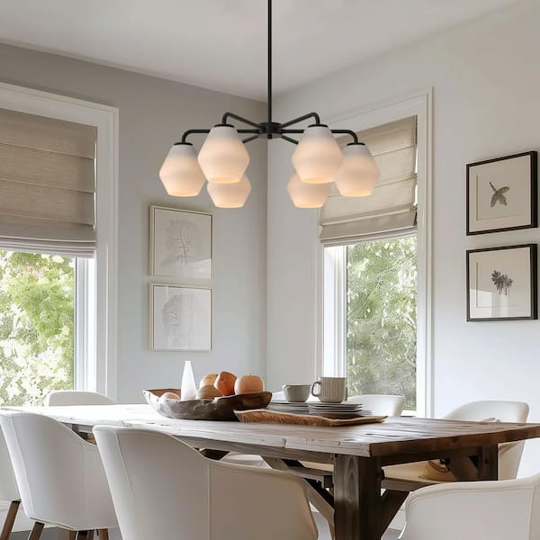 YANSUN 6-Light Black Transitional Chandelier with Glass Shade for