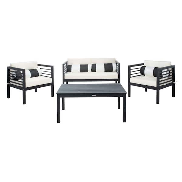 SAFAVIEH Alda Black 4-Piece Wood Patio Conversation Set with Beige Cushions