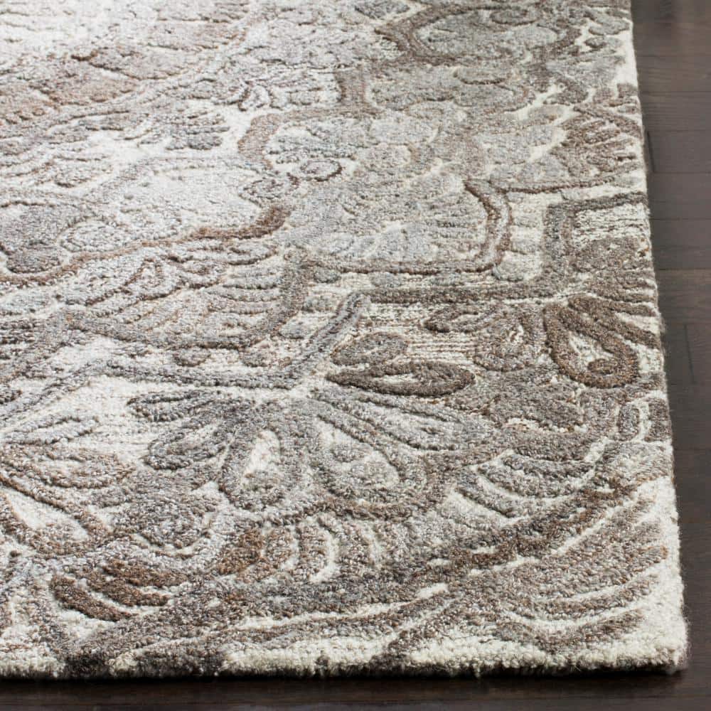 Ivory and Grey Floral Hand-Tufted Wool Square Rug