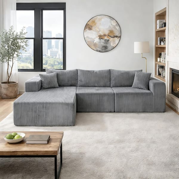 110 in. W Modular Cloud Sectional Sofa with Chaise, Deep Seat Corduroy Fabric L-Shaped Couch in Gray