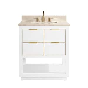 Allie 31 in. W x 22 in. D Bath Vanity in White with Gold Trim with Marble Vanity Top in Crema Marfil with White Basin