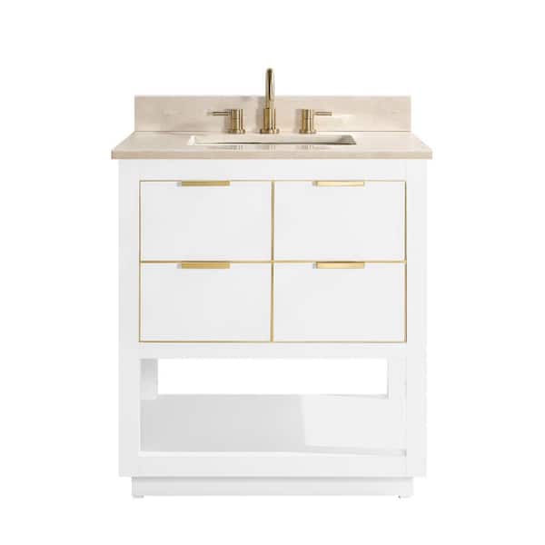 Avanity Allie 31 in. Single Sink White with Gold Trim Bath Vanity with Crema Marfil Marble Top