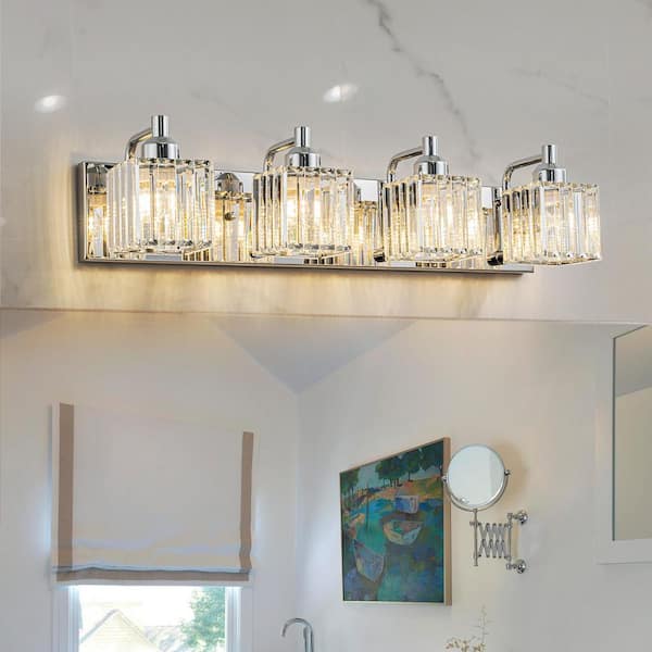 LLHZSY Schonbek 25.98 in. 4-Light Chrome Bathroom Vanity Light Fixture with Crystal Shades