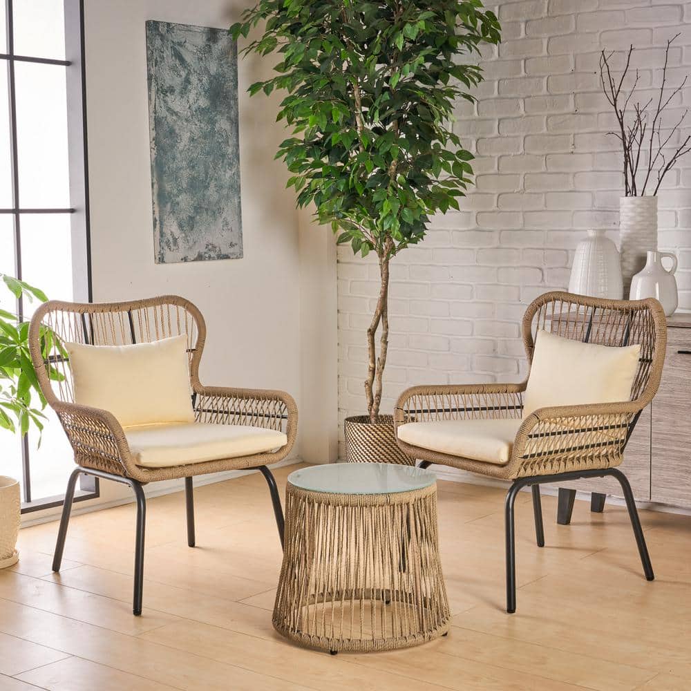 Breezy Modern Steel Frame Lounge Chair with Beige Cushions, Set of 2