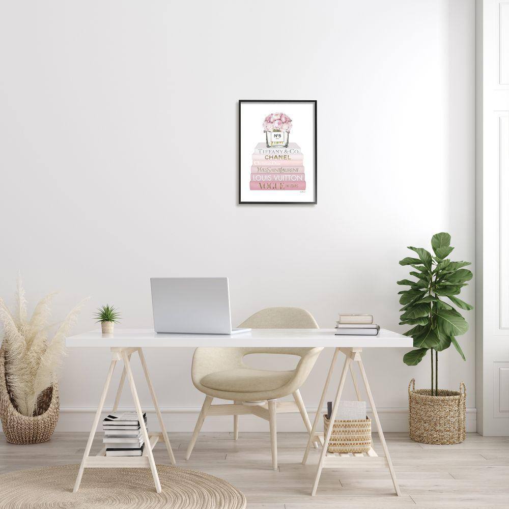 Pink Rose Bouquet Fashion Bookstack Black Framed Canvas Print, 16x20
