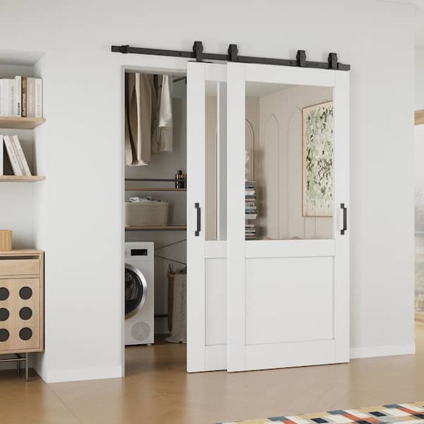 ARK DESIGN 64 in. x 80 in. (Double 36 in. ) 1/2 Lite Clear Glass White Primed MDF Sliding Barn Door with Hardware Kit Bypass