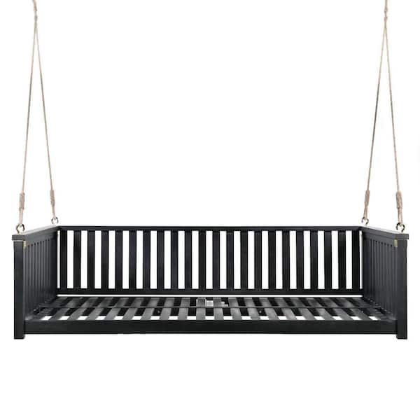 2-Person Seating Weather Resistant Frame Wood Minimalist Twin Size Garden Porch Swing, with Ropes, for Backyard, Black
