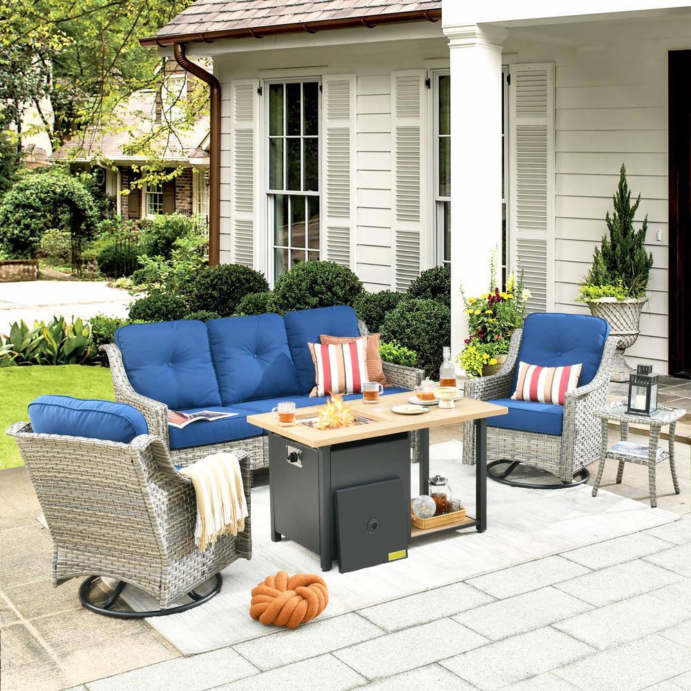 Tulip D Gray 5-Piece Wicker Patio Storage Fire Pit Conversation Set with Swivel Rocking Chairs and Navy Blue Cushions price history on PriceWatchPro