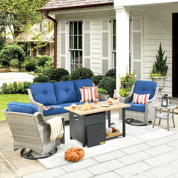 weaxty W Tulip D Gray 5-Piece Wicker Patio Storage Fire Pit Conversation Set with Swivel Rocking Chairs and Navy Blue Cushions