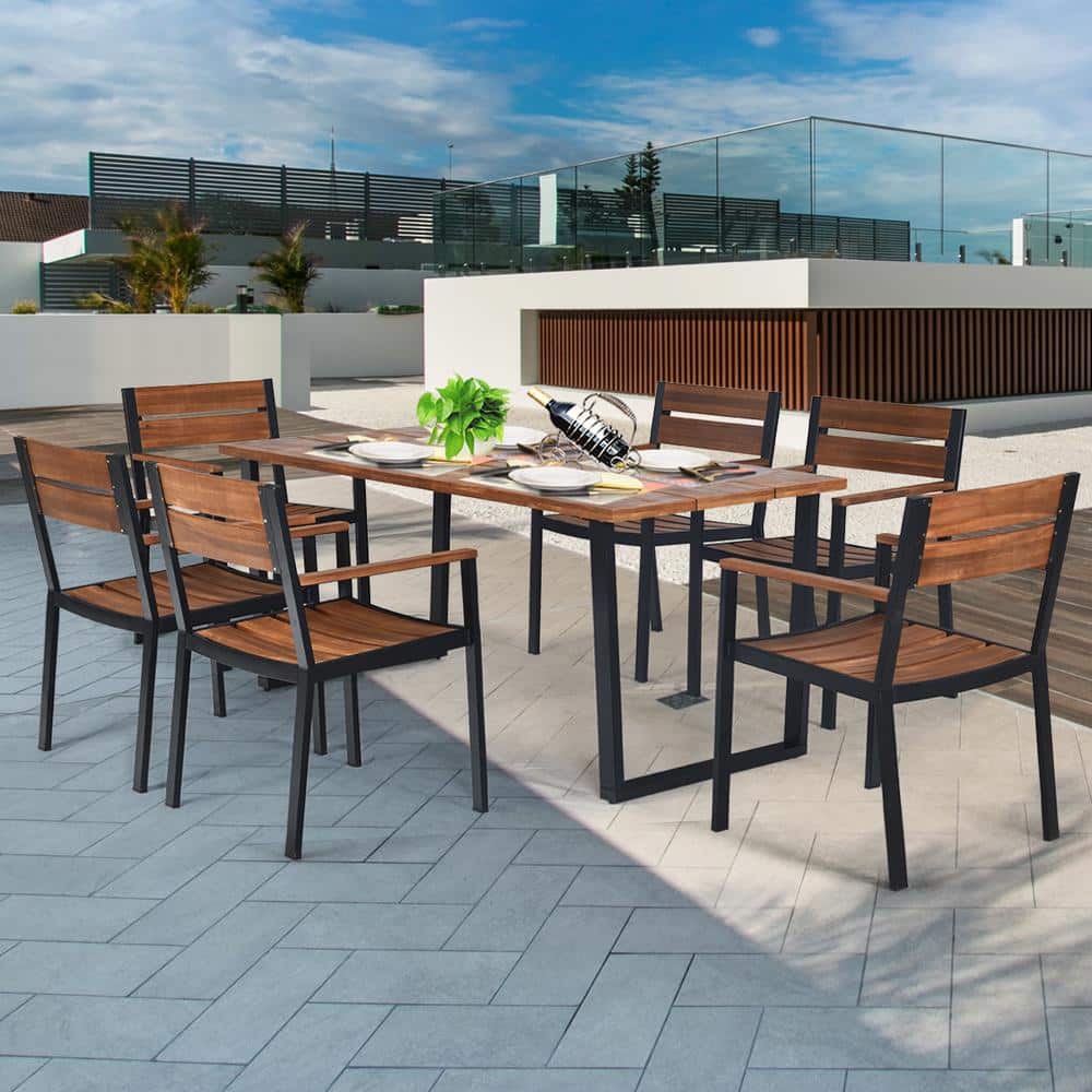 6-Person Brown Acacia Wood and Steel Outdoor Dining Set