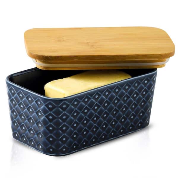 16 oz. Ceramic Butter Keeper with Lid, Dishwasher Safe for Kitchen, Embossed Design for Stylish Look in Blue (Set of 1)